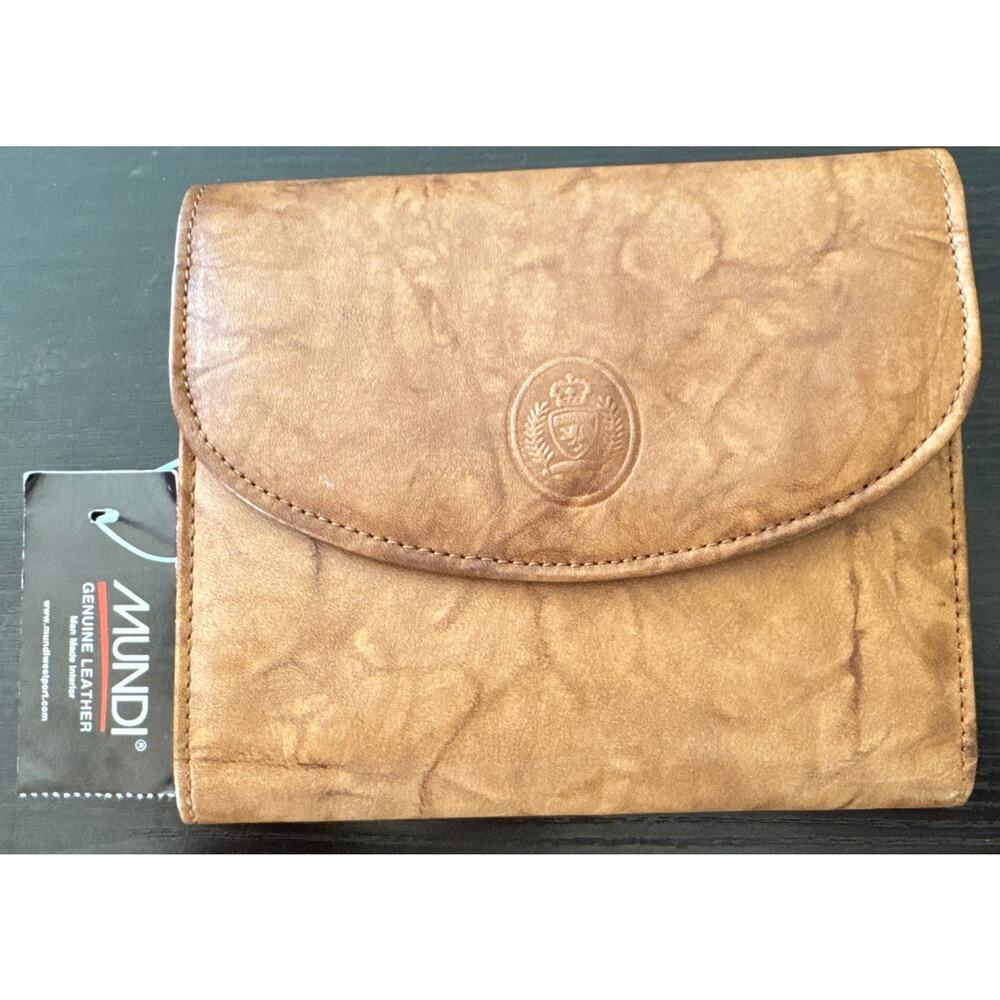 Mundi Genuine Leather Tri-Fold Wallet Brown Vintage Style Snap Closure NWT